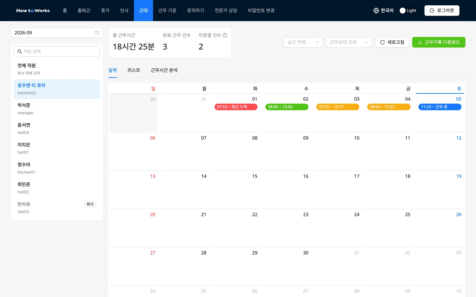 직원을 고른 뒤 달력 탭: 근무 중·퇴근 누락·승인됨·미승인 네 가지 색 막대